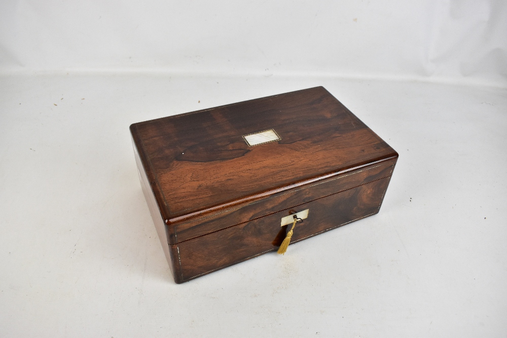 An early Victorian rosewood writing slope, the hinged lid set with mother of pearl rectangular - Image 2 of 2
