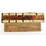 A tortoiseshell and bone cribbage board, length 24cm (af), and a homemade wooden cribbage board,