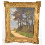 AFTER C.H.H. BURLEIGH; oil on canvas, landscape with path in foreground, unsigned, inscribed to