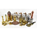 A mixed group of metalware including Piquot coffee pots, copper pepper grinder, brass