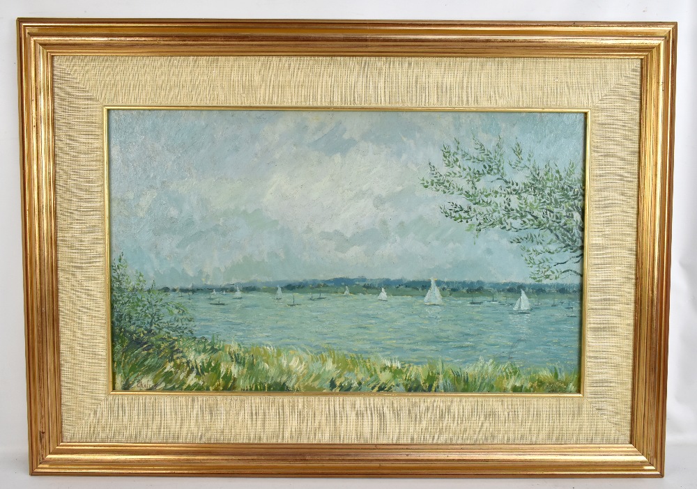 PAUL CHAFRET; oil on board, 'Regatta Argenteuil 1938', signed and inscribed verso, 38 x 63cm,