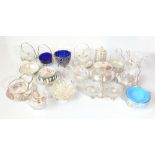 A group of silver plate mounted glass butter dishes and condiment stands, also a jasper ware dish