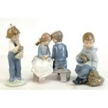 NAO; three ceramic figurines including 'Lovers Seated on a Bench', height 16cm, a girl holding a
