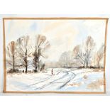AUBREY R PHILLIPS (1920-2005); watercolour, figure and dog in snowy landscape, signed and dated '