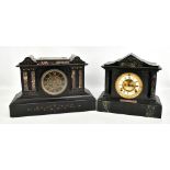 Two early 20th century French black slate mantel clocks, one with silver presentation plaque,