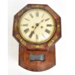 A 19th century rosewood drop dial wall clock with brass and mother of pearl inlaid decoration, the