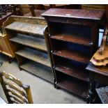 An oak waterfall bookcase, 115 x 61 x 25cm, and a set of open shelves (2).