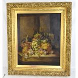 19TH CENTURY ENGLISH SCHOOL; a large oil on canvas, still life study of fruit upon a ledge,
