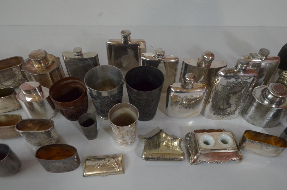 A group of silver plated items including numerous hip flasks and cups, some with monograms, tea - Image 3 of 4