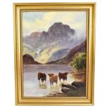 LATE 19TH CENTURY ENGLISH SCHOOL; oil on canvas, Scottish Highlands landscape with Highland cattle