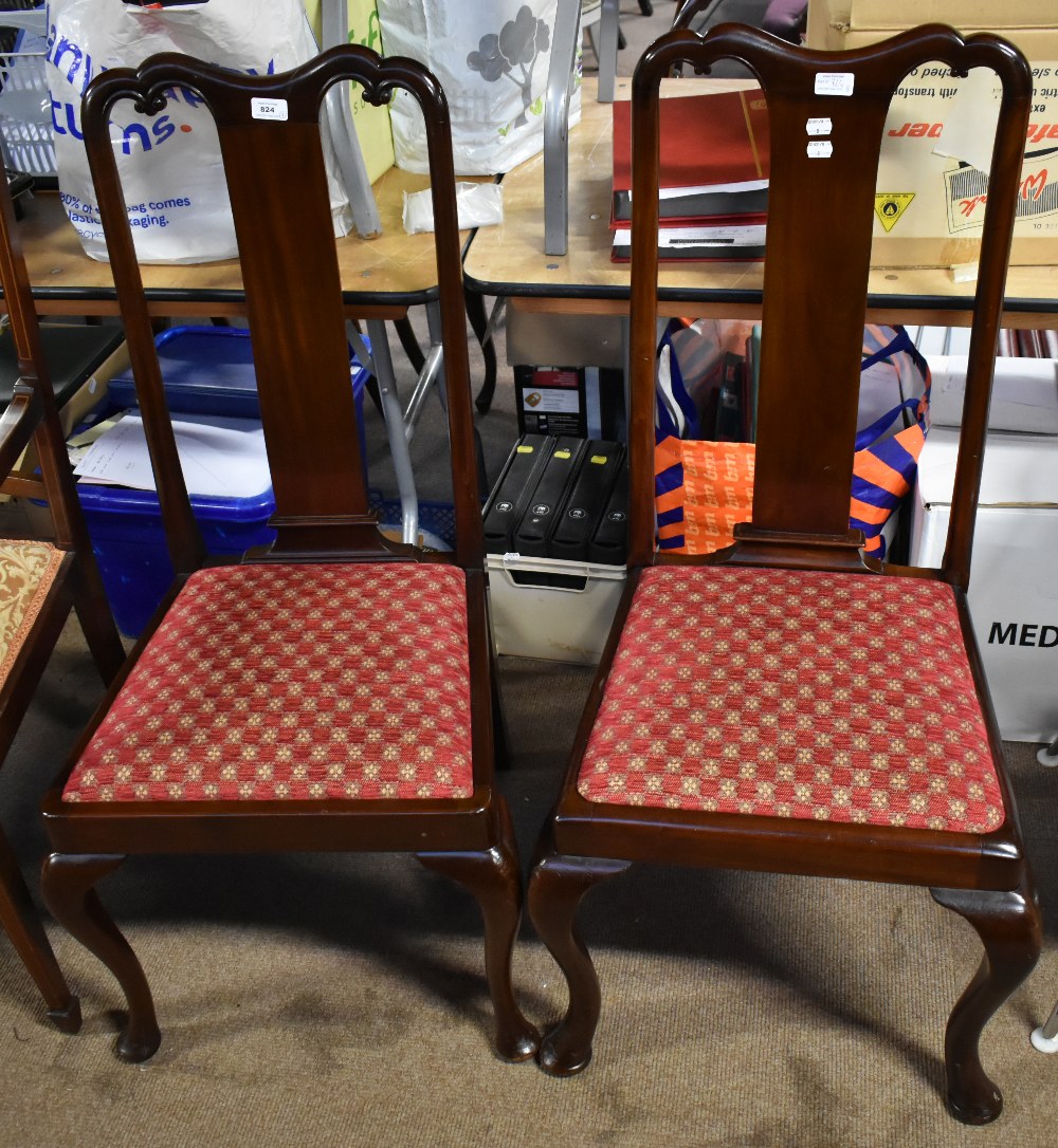 A set of eight Edwardian mahogany Queen Anne style dining chairs with shaped top rail, rectangular