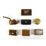 A briar wood sabot pipe in the form of a clog, a Victorian papier-mâché snuff box and five further