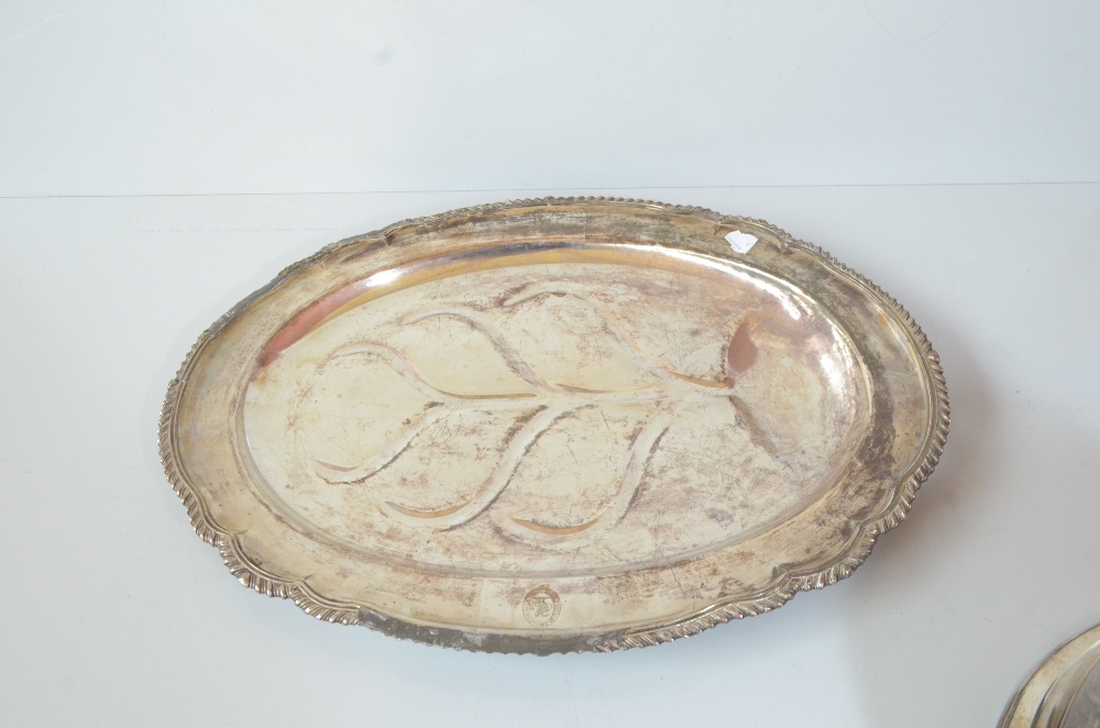 A silver plated meat dish, the associated domed cover with armorial device and motto 'TE FAVENTE - Image 4 of 4