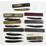 A group of cased cut throat razors including Kelly ‘The Mab’, Thistle ‘Lindell’, J. Allen horn