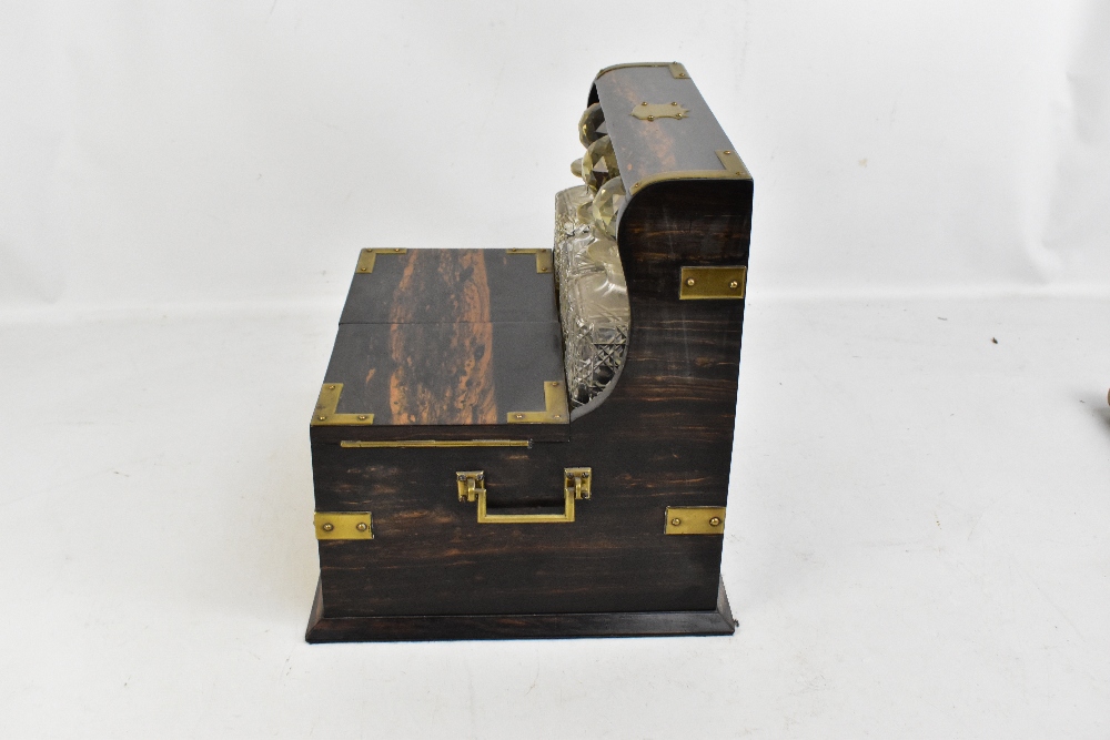 A 19th century brass bound coromandel tantalus/gaming box housing three hobnail cut glass decanters, - Image 4 of 6