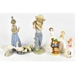 LLADRÓ; a figurine of a flower picker, height 23cm, further Lladró figures, three Royal Doulton