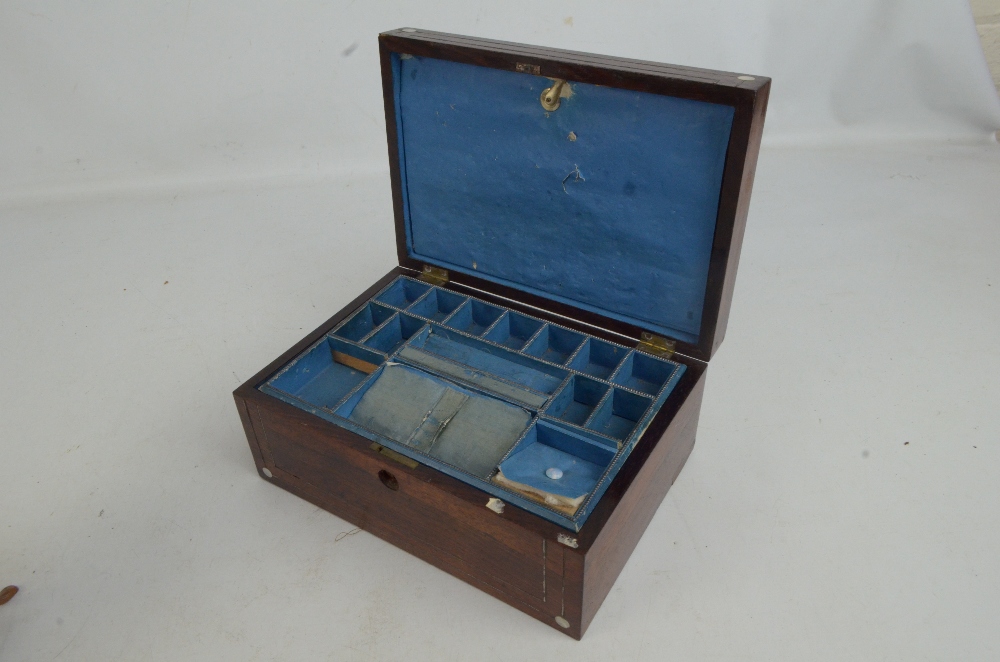 A Victorian rosewood sewing box with mother of pearl floral detail and hinged cover enclosing a - Image 3 of 4