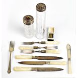 A group of variously hallmarked silver including butter knife with mother of pearl handle,