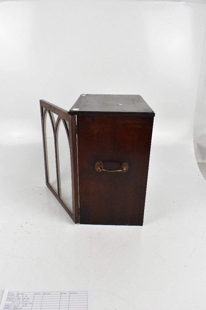 A 19th century mahogany table top cabinet, the single glazed door enclosing two drawers, with swan - Image 4 of 4