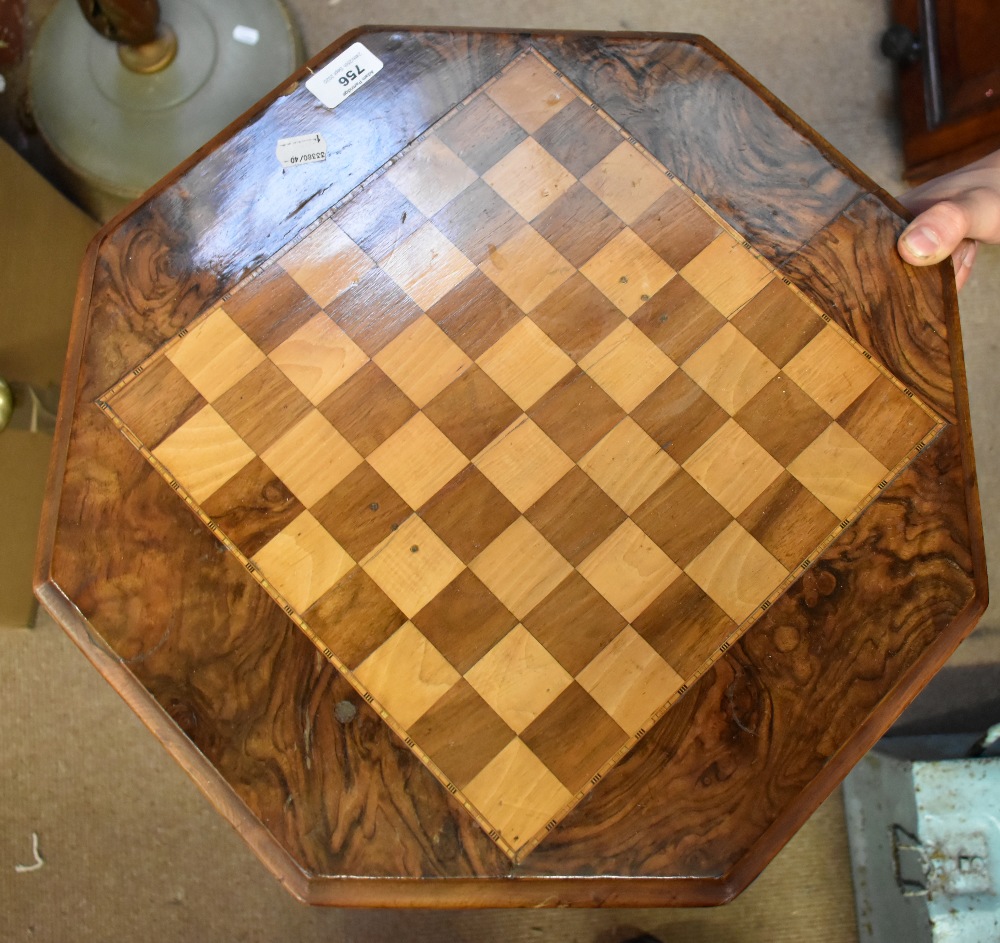 A Victorian burr walnut veneered inlaid chess top jewellery table, raised on outswept supports, - Image 2 of 3