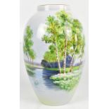 S KIMURA FOR NORITAKE; a large hand painted vase decorated with a landscape scene, signed to body,