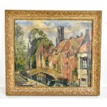 DONALD....; oil on board, 'Quai Vert Bruges', indistinctly signed, partial label and further crossed
