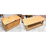A modern pine blanket box, width 91cm, height 46.8cm, and a modern pine two-tier coffee table (2).