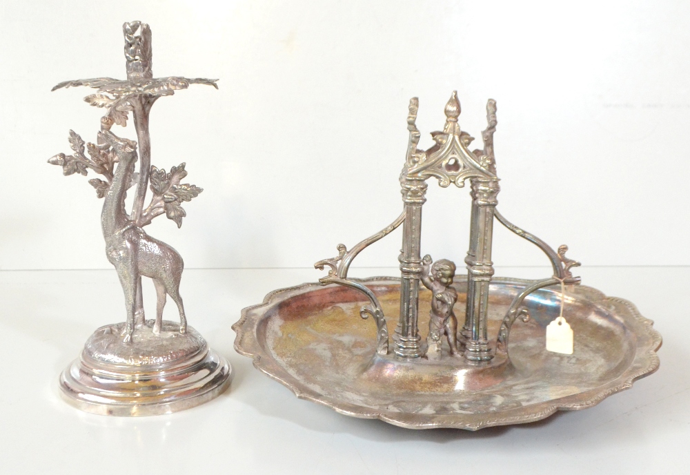 A Victorian silver plated table centrepiece with central cherub beneath arch, 22 x 29 x 33cm (af),