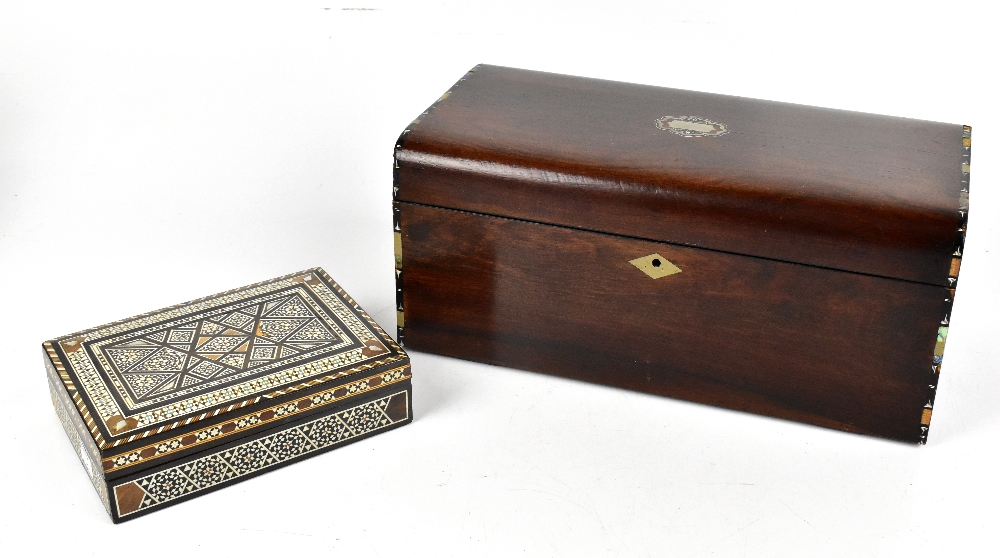 A Victorian inlaid mahogany jewellery box with inlaid mother of pearl and pewter decoration, the