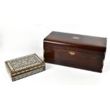 A Victorian inlaid mahogany jewellery box with inlaid mother of pearl and pewter decoration, the