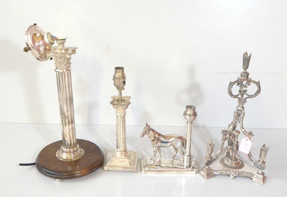 A silver plated lamp base modelled as a horse, height 20cm, and two Corinthian column lamp bases,