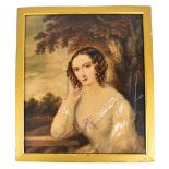 A 19th century watercolour depicting a portrait bust of a lady beside landscape setting, unsigned,