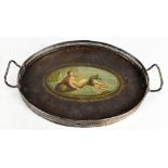 A late 18th century twin handled papier-mâché oval tray featuring Venus and Eros upon dolphin
