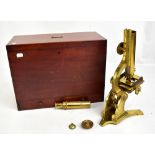 M PILLISCHER OF LONDON; a 19th century brass plated microscope, no.256, height 44cm, fitted in a