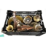A mixed group of metalware including graduated pans, preserve pan, carriage lamp etc.Additional