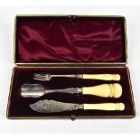 An early 19th century cased flatware service comprising pickle fork, cheese scoop and fish knife