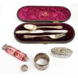 A group of variously hallmarked silver and plated items comprising a matched three piece christening