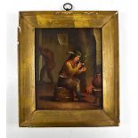 18TH CENTURY CONTINENTAL SCHOOL; oil on tin, figures in interior scene with one smoking a pipe,