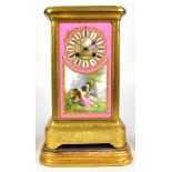 A good 19th century French gilt metal porcelain mantel clock, the central painted panel depicting