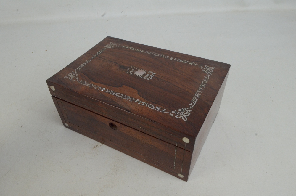 A Victorian rosewood sewing box with mother of pearl floral detail and hinged cover enclosing a - Image 2 of 4