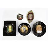 Five 19th century and later portrait miniatures including watercolour on paper, a lady adorned