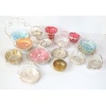 A group of silver plate mounted coloured and clear glass butter dishes and bowls.Additional