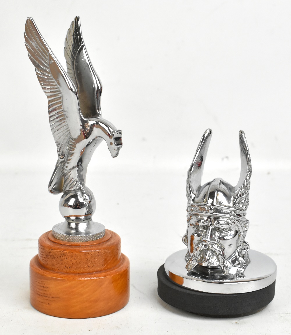 Two chrome car mascots to include Rover Viking head example, height 13cm (2).Additional