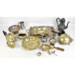 A mixed group of metalware including electroplated teapot and sugar bowl, pedestal dish and tray,