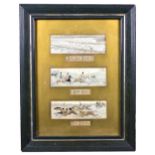 A framed and glazed display of three sporting themed Stevengraphs, one rowing and two equestrian,