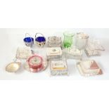 A group of silver plated and mounted glass sardine dishes, sugar bowls with coloured liners, etc.