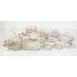 A group of silver plate mounted glass preserve pots and butter dishes including a cranberry glass