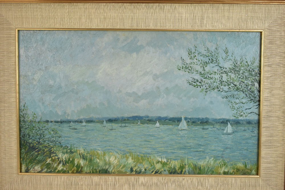 PAUL CHAFRET; oil on board, 'Regatta Argenteuil 1938', signed and inscribed verso, 38 x 63cm, - Image 2 of 7