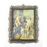 An Edwardian miniature watercolour depicting figures in landscape setting, indistinctly signed lower