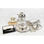 A mixed group of electroplated items including kettle on stand, cased grape snips, entrée dish,